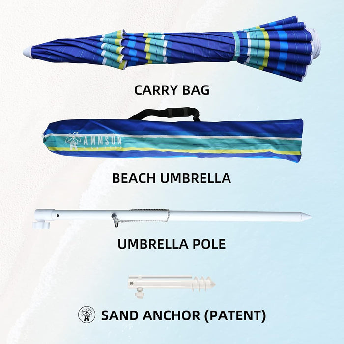 8 Feet Large Beach Umbrella with Sand Anchor Heavy Duty High Wind Portable Outdoor Umbrellas UV 50+ Protection Air Vent Tilt Patio Garden Pool