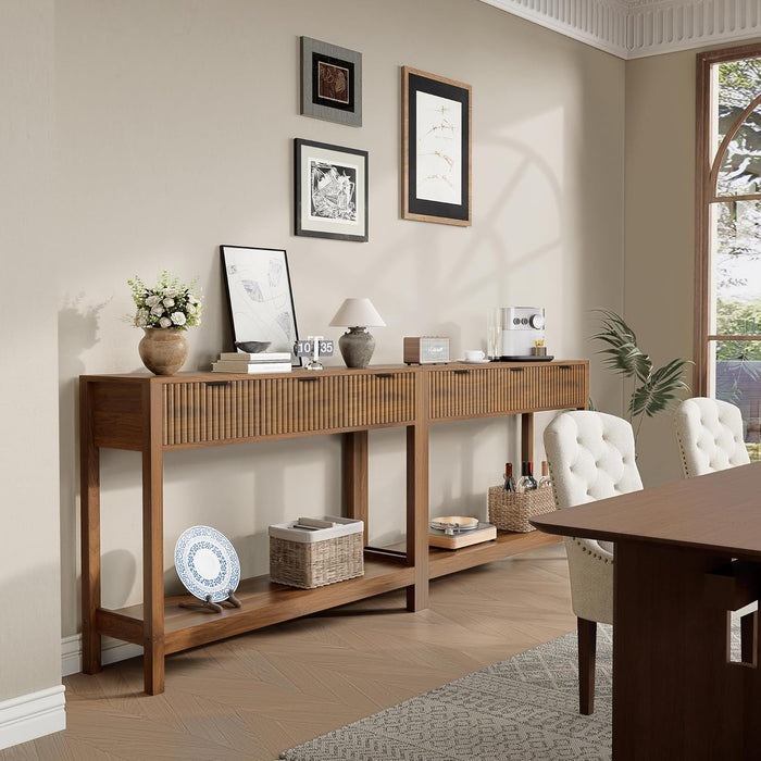 Fluted Console Table, Wooden Sofa Table with Storage and Drawers, Farmhouse behind Couch Table Entryway Table for Entrance, Hallway, Living Room, Brown