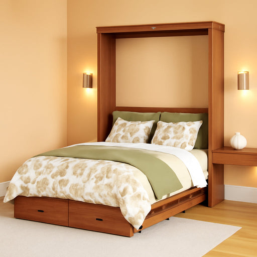 Solid Wood Murphy Bed Cabinet：Queen Size Murphy Bed with USB Charging Station and Large Storage Drawer for Home，Optimize Sleeping Space（Mattress Not Included） Teak-1