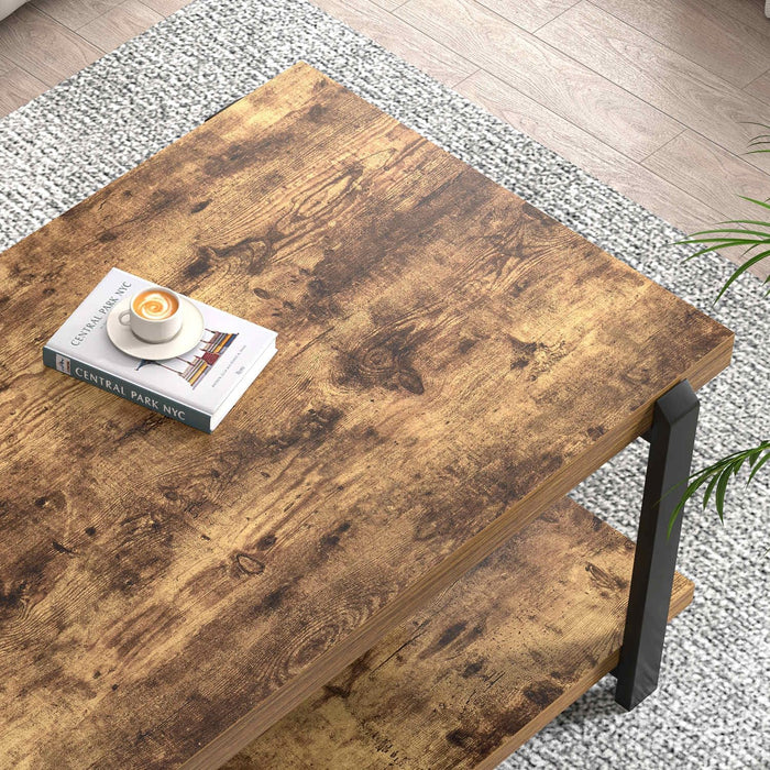 Modern Coffee Table, Rustic Wood Center Table with Storage for Living Room, Industrial Rectangle 2 Tier Low Cocktail Tea Table, Rustic Brown