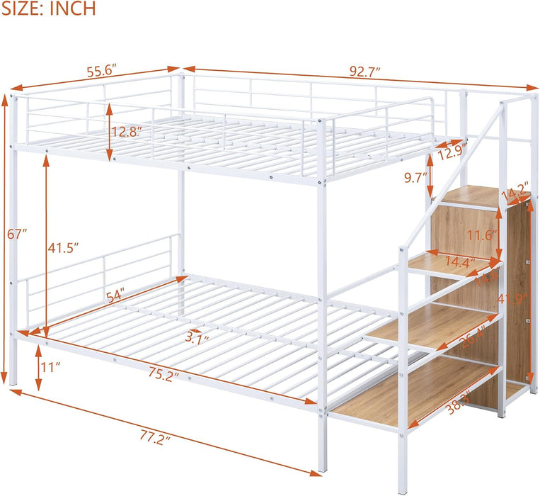 Full over Full Metal Bunk Bed with Storage Ladder and Wardrobe, Modern Iron Bunk Bed Frame with Built-In Shelves and Guardrails for Bedroom, White