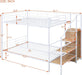 Full over Full Metal Bunk Bed with Storage Ladder and Wardrobe, Modern Iron Bunk Bed Frame with Built-In Shelves and Guardrails for Bedroom, White