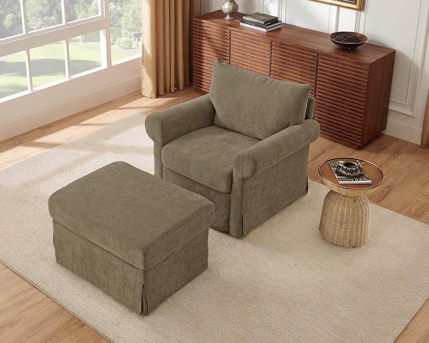 Brown Chenille Accent Chair With Substantial Ottoman