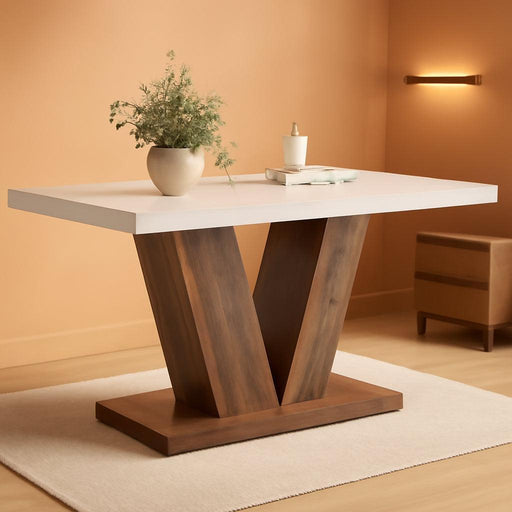 47 Inches Dining Table for 4, Modern Dining Room Tables, White Rectangle Kitchen Table with Rustic Brown V-Shaped Pedestal, Wooden Dinner Table for Dining Room, Kitchen, Living Room