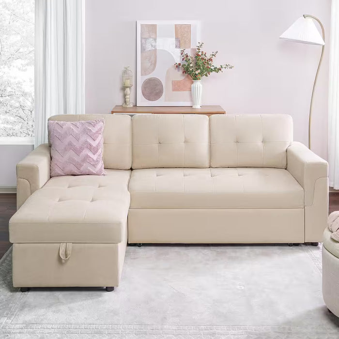 84.64 In. Velvet L-Shaped Sleeper Sectional Sofa with Square Arms In. Beige, Reversible Chaise, and Pull-Out Sofa Bed