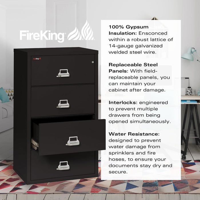 Lateral 4 Drawer Fire Rated File Cabinet, Black