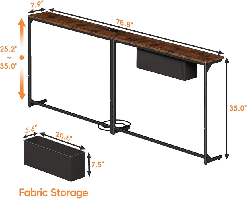 78.8 Inch Narrow Console Table with Power Outlets, 25.2"-35" Adjustable Height Skinny behind the Couch Table with Fabric Storage, Long Sofa Table for Living Room, Entryway, Rustic Brown