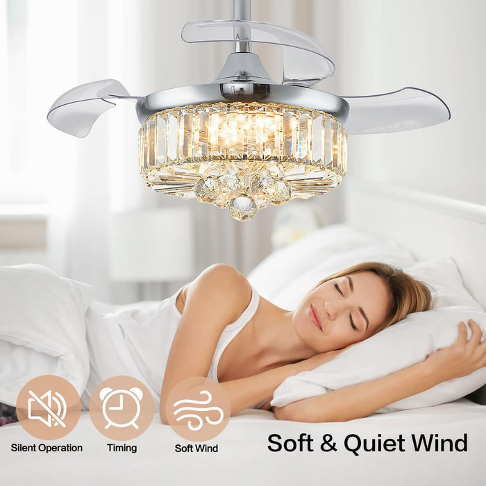 30" Chandelier Ceiling Fan with Light Crystal Modern Fandelier Reversible Ceiling Fan Dimmable Retractable Timer for Bedroom Dining Living Room Silver Chrome