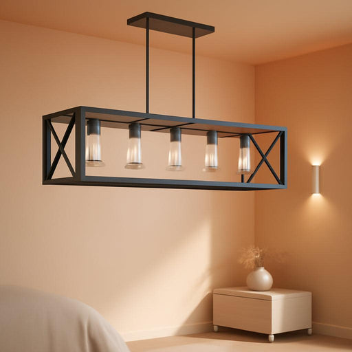 Farmhouse Dining Room Light Fixture - 5 Light Matte Black Rectangle Light Fixture with Adjustable Height & Thickened Metal Dining Table Fixture Chandeliers for Dining Room&Kitchen Island