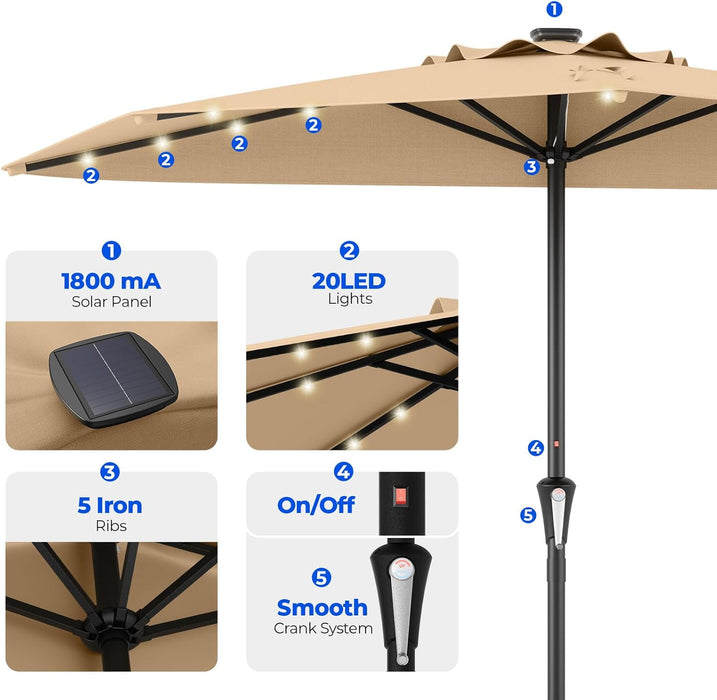 9FT Half Patio Umbrella with Solar LED Lights for Outdoor, Waterproof Half Umbrella for Small Spaces, Balcony, Deck(Beige)