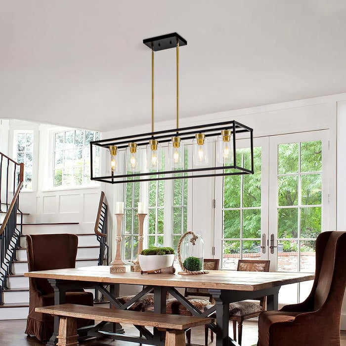 6 Lights Modern Dining Room Light Fixtures over Table Black & Brushed Brass Gold Farmhouse Chandelier Rectangular Pendent Lighting for Kitchen with Glass Shade Long Linear Industry Hanging Light