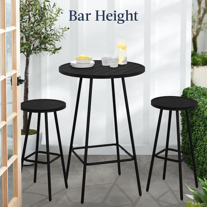 3 Piece Bar Height Patio Bistro Set, Patio Furniture Set, Outdoor round Bar Table, Steel W/Backless Bar Stools - Black