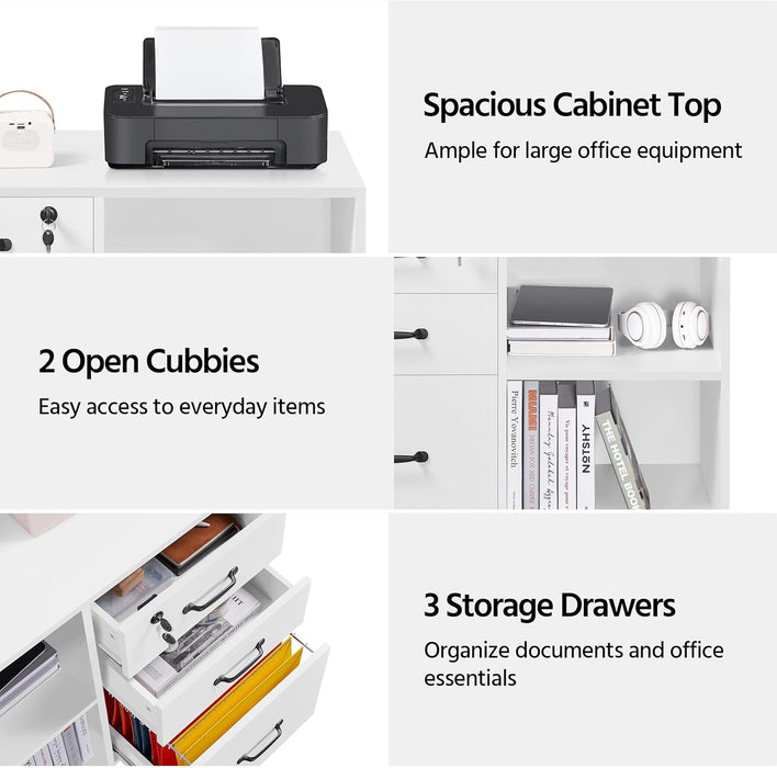 3-Drawer File Cabinet, Mobile Lateral Filing Cabinet Printer Stand with Open Storage Shelves under Desk Organization for Home Office, White