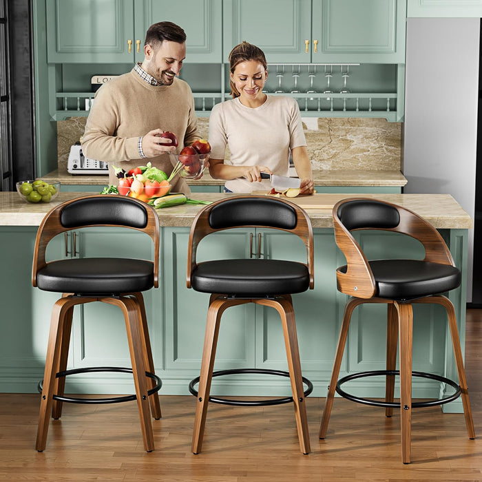 Bar Stools Set of 2, 26" Bentwood Counter Height Barstools, Black | Swivel, Mid-Century Modern, Faux Leather, Ergonomic Backrest, Padded Seat, Bentwood Legs, Footrest, for Kitchen Island, Bar