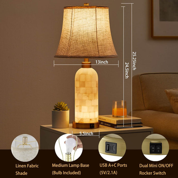 25" Natural Alabaster Table Lamps Set of 2 with LED Night Light