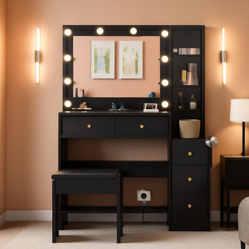 Makeup Vanity with Lights & Charging Station, Black Vanity Table with 5 Drawers & Open Storage Shelves, Vanity Desk with Mirror & Lights, Dressing Table Set, Bedroom Makeup Table Set Black Handle