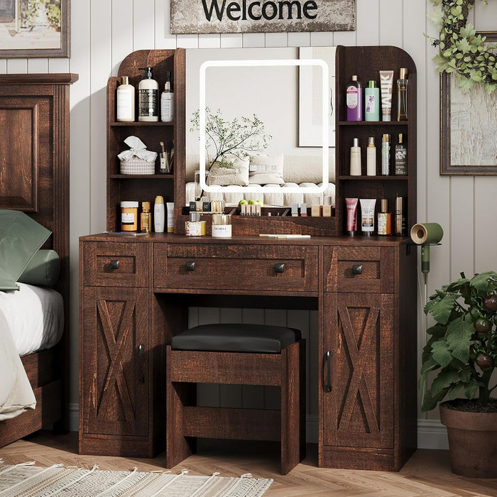 Makeup Vanity Desk, Vanity Mirror with Lights Desk and Chair,Makeup Table with 3 Large Drawers and 2 Cabinets, Time and Temperature Display, 3 LED Lighting Modes Adjustable, Brown