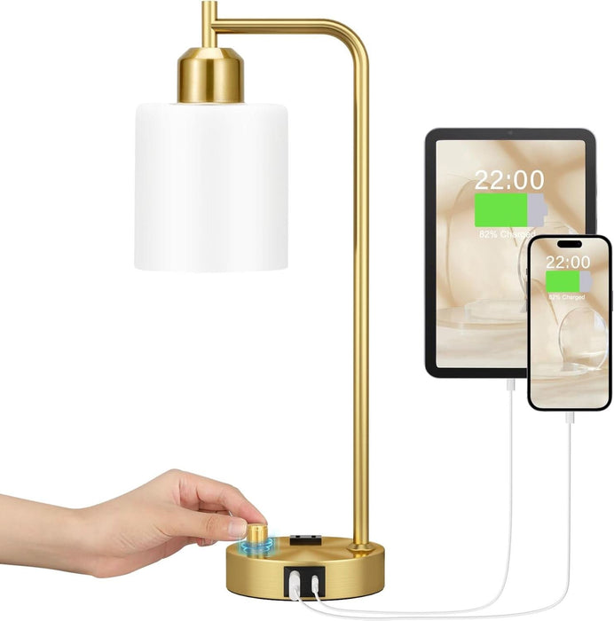 Gold Lamp for Bedroom - Industrial Bedside Table Lamp with USB Port and Outlet, Fully Dimmable Nightstand Lamp with Opal Glass Shade, Small Desk Lamps for Home Office