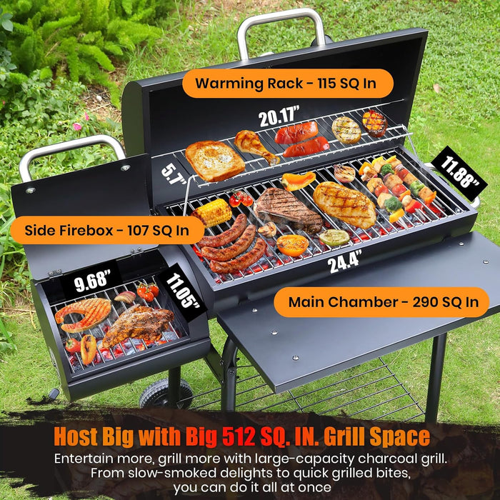 Charcoal Grill Offset Smoker: Charcoal Barbecue Grills with Spacious Cooking Area | Barrel BBQ Grill and Smokers Combo for Outdoor Patio Backyard Camping and Parties
