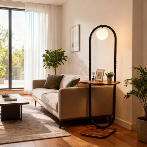 47-Inch Arch Floor Lamp, Modern Standing Lamp with Table, Black Metal Frame with Globe Shade, Living Room Bedroom Lighting, G9 LED Bulb Included for Sofa Beside/Corner Decor