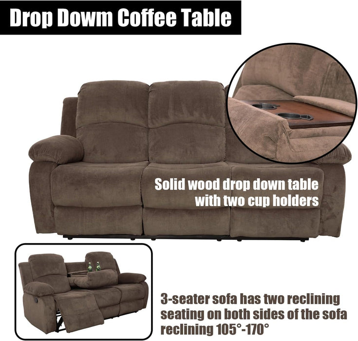 Recliner Sofa Set for Living Room Furniture Set, Reclining Sofa and Loveseat Set for Reclinier Sofa with Drop down Table/Double Recliner Loveseat with Storage Console/Brown Velvet