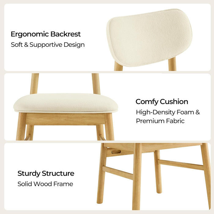 Upholstered Dining Chairs Set of 2, Mid Century Modern Kitchen & Dining Room Chairs, Solid Wood Frame in Oak, Chenille Fabric in Cream (White)