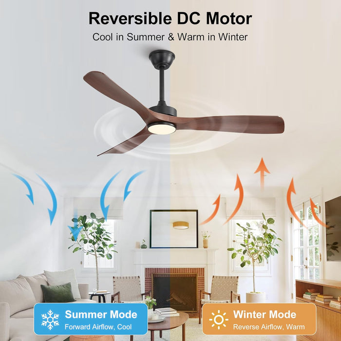 52 Inch Modern Ceiling Fan with Light and Remote & APP Control, ABS Ceiling Fan with 3 Blades and Downrods, Reversible Quiet DC Motor, Farmhouse Ceiling Fan for Bedroom Living Room Patio Porch