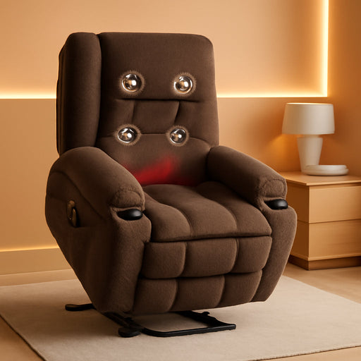 Power Lift Recliner Chair for Elderly, Electric Reclining Lift Chair with Massage and Heating, Comfy Overstuffed Recliner Single Sofa with Cup Holders, Pockets, USB Charge Port for Living Room, Brown