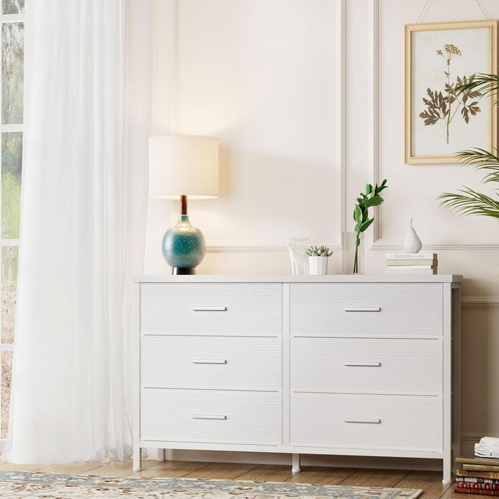Large White Dresser for Bedroom 6 Drawer, Wide Fabric Dressers & Chests of Drawers Modern