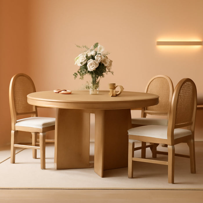 5-Piece Retro Functional Dining Set, Solid Wood Extendable Dining Table with 4 Upholstered Chairs and Rattan Backrests, round Dining Table Set for Dining Room Kitchen (Natural-7.7)