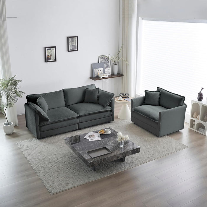 Luxury 2 Piece Loveseat Couch & Sofa Armchair Set, Modern Upholstered Chenille Cloud Couches Set Furniture with 5 Pillow for Living Room Bedroom Office Apartment, Grey