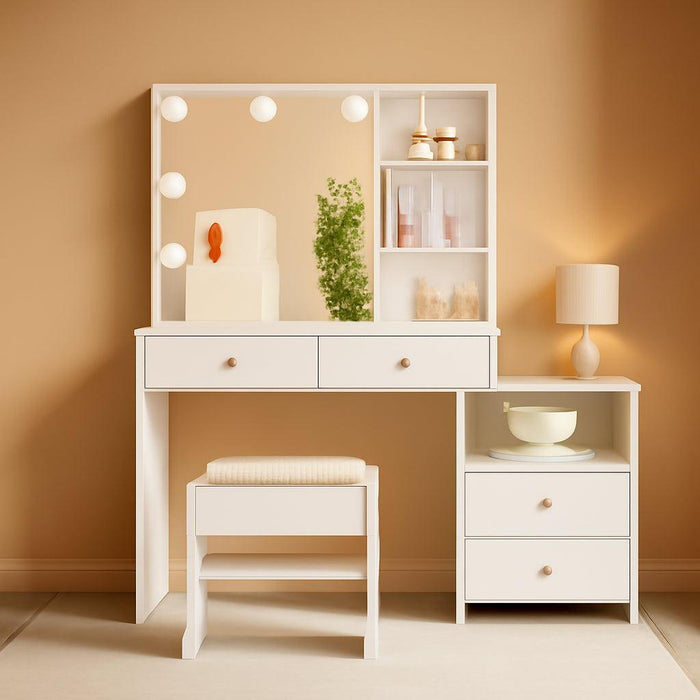 Makeup Vanity Desk with Mirror & 10 LED Lights Big Vanity Set with Charging Station, Nightstand, Drawers, Storage Shelves, Stool, Bedroom Dressing Table for Women Girls White UBDT13W