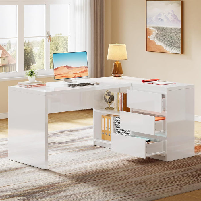 White L-Shaped Computer Desk with 3 Drawers, 55-Inch Modern Gloss Corner Home Office Executive Desk with LED Lights and 2 Storage Shelves for Work Study Writing