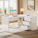 White L-Shaped Computer Desk with 3 Drawers, 55-Inch Modern Gloss Corner Home Office Executive Desk with LED Lights and 2 Storage Shelves for Work Study Writing