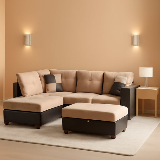 3-Piece Contemporary Sectional Sofa with Chaise and Storage Ottoman for Living Room Furniture | Faux Leather & Microfiber Upholstery | Removable High Density Memory Foam Cushions (Beige,Left-Facing)