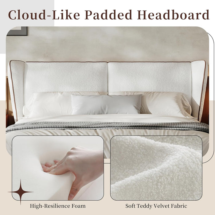 Queen Size Teddy Fleece Thick Fabric Upholstered Platform Bed,Cloud Bed Frame with Wingback Headboard,Bed Frame with Piping,Pu Upholstered Bed Frame,No Box Spring Needed, Easily Assembly,White