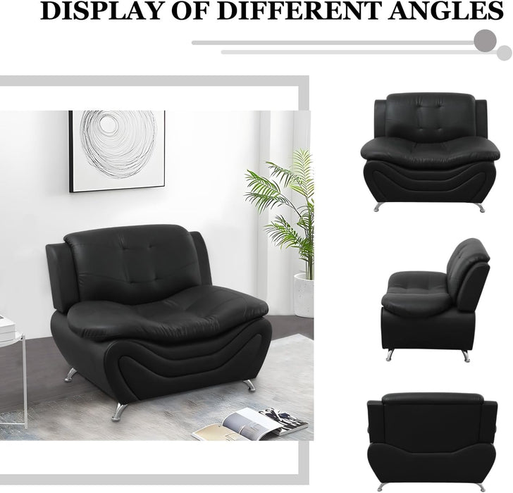 3 Piece Living Room Furniture Set, Leather Sofa Set for Living Room, Modern Couch Set with 3-Seater Sofa, Lovesat and Armchair (Black 1)