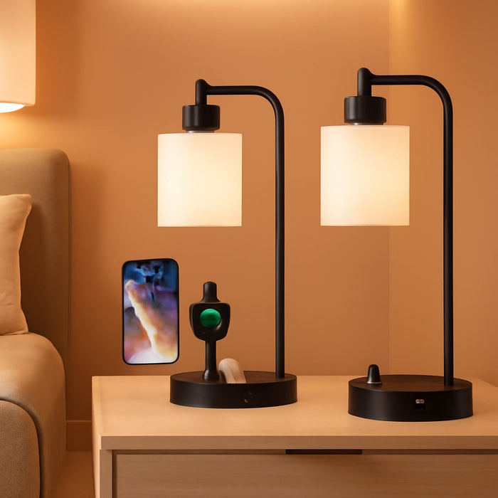 Industrial Bedroom Lamps for Nightstand Set of 2 - Fully Dimmable Bedside Lamps with USB a C Ports and Outlet, Black Table Lamps with Opal Glass Shade for Living Room, Desk Lamps for Office Reading