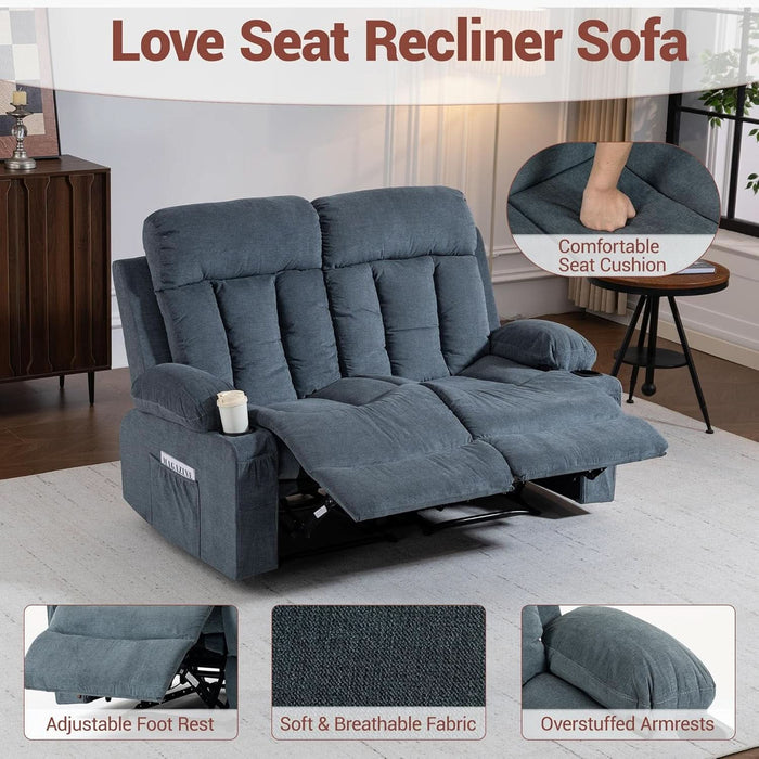 Reclining Loveseat with Cup Holders, 2 Seats Manual Recliner Chair, Comfy Love Seat Sofa Couch for Living Room, Home Theater, Office, Blue
