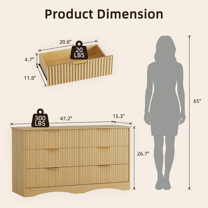 Bedroom Dresser, 47.2" Fluted Wood Dressers, 6 Drawer Dresser