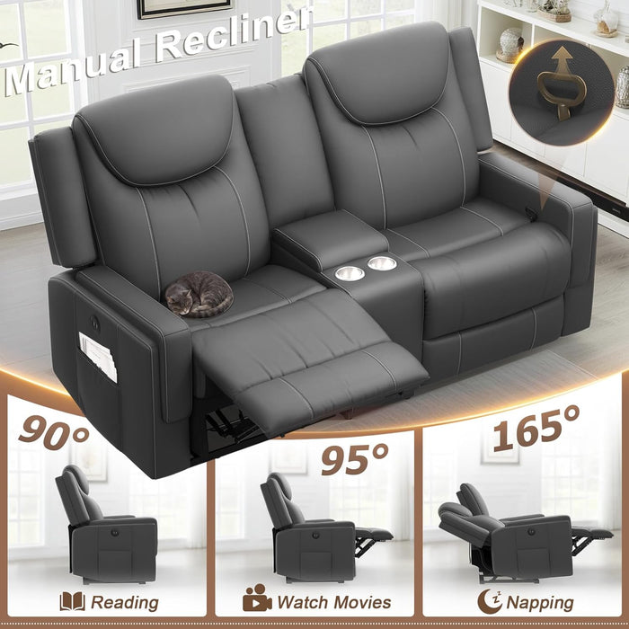 Loveseat Recliner Sofa, Gray PU Leather Double Recliner Loveseat with Console, Cup Holders, Storage & USB Ports, Ergonomics， Manual Reclining Sofa Couch for Living Room, RV