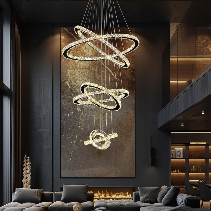 Modern Crystal Chandelier Lighting, 6 Ring Chandelier LED Ceiling Lights Fixtures with 3-Color, High Ceiling Foyer Chandeliers for Living Room Dining Room Staircase, D8-12-16-20-24"-28"