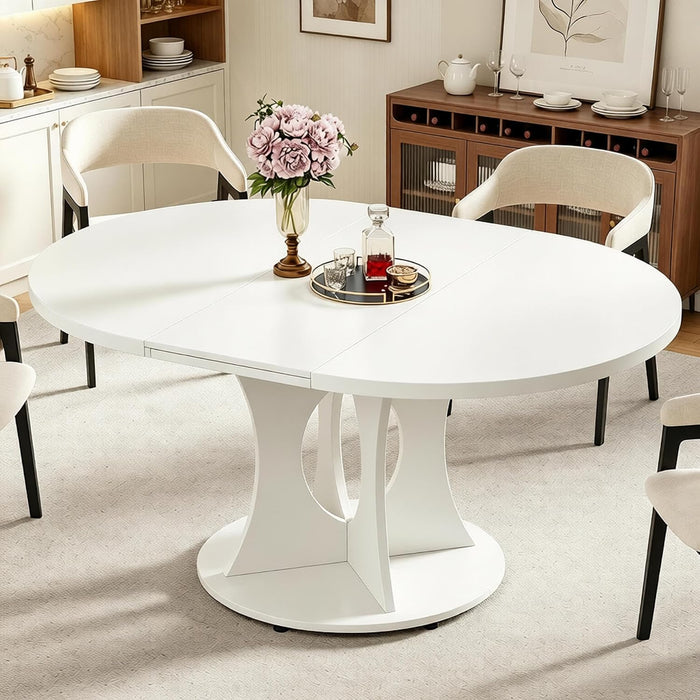 43-59" Expandable round Dining Table, Kitchen Table with Hidden Storage | Space Saving White Modern Design, Solid Pedestal Base for Dining Room & Small Apartments, Wood Table, Easy Assembly