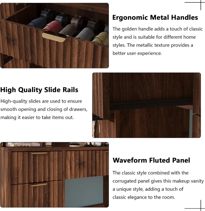 43.3" Fluted Vanity Desk with Mirror and Lights, Wood Makeup Vanity Desk with Charging Station & Mobile Mirror, Modern Dressing Table with Adjustable Shelves & Jewelry Hooks for Girls, Women, Walnut