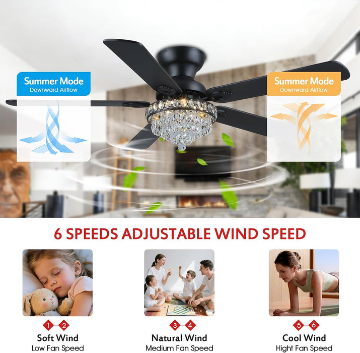 Crystal Ceiling Fan Fandelier with Lights-Modern Ceiling Fan(52" Black)