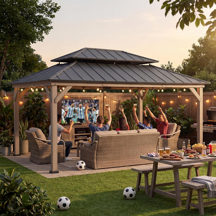 12 X 16 Ft. Wood Gazebo, Outdoor Patio Cedar Framed Steel Hardtop Gazebo with 2-Tier Metal Roof, Suitable for Patios, Lawn and Backyard, Matte Black Roof + Gray Wood Frame