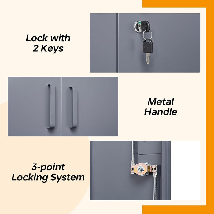 Metal Storage Cabinet, Storage Cabinet with 2 Adjustable Shelves, Steel Counter Cabinet with Lockable Doors for Home Office