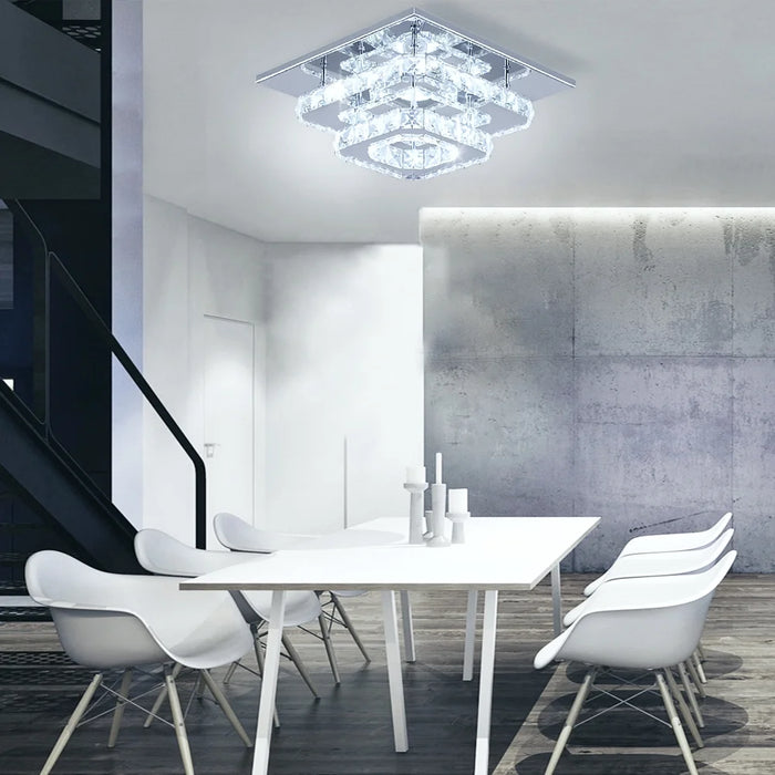 Modern Crystal Chandelier Stainless Steel Ceiling Crystal Lamp Semi Flush Mounted Lights Fixture Two Layer Square Chandelier Ceiling Lamp (Cool White)