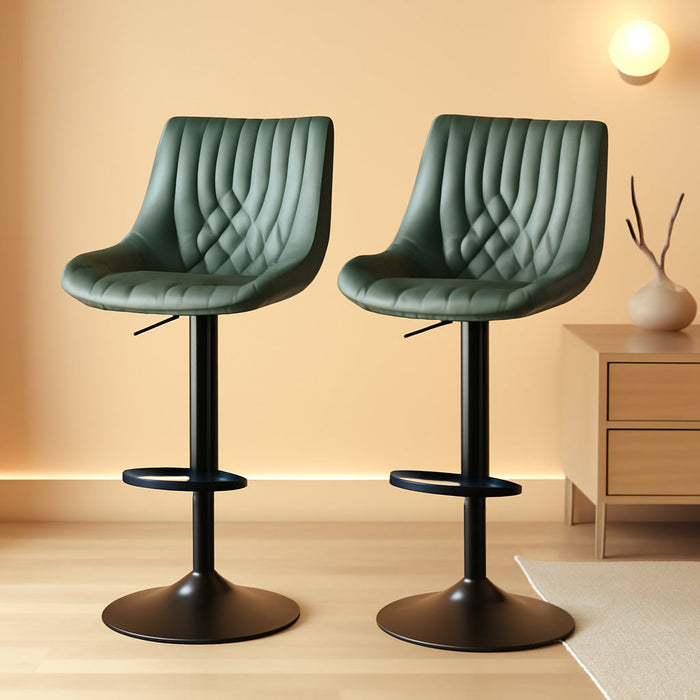 Swivel Bar Stools Set of 2, Height Adjustable Counter Height Bar Stools with Open Back and Footrest, Premium Faux PU Leather, Modern Upholstered Bar Chairs for Kitchen Island/Bar/Counter, Green