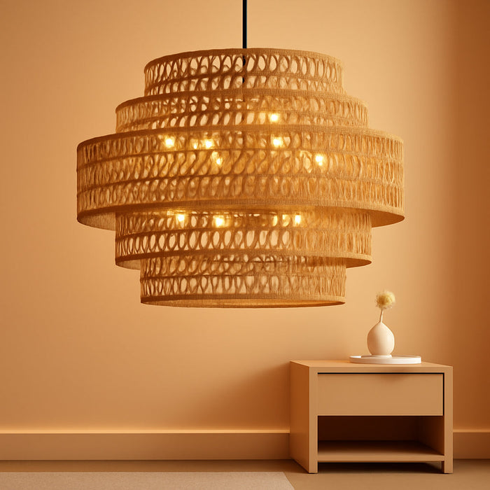 28.7In Large Rattan Chandelier 8-Light Gold Boho Rattan Chandelier